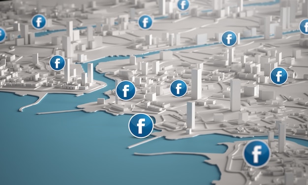 Facebook-Symbol über Luftaufnahme von Stadtgebäuden 3D-Rendering