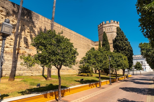 Foto fachada del alcázar fortificado de población de origen almohade de jerez de la frontera en cádiz andalucía