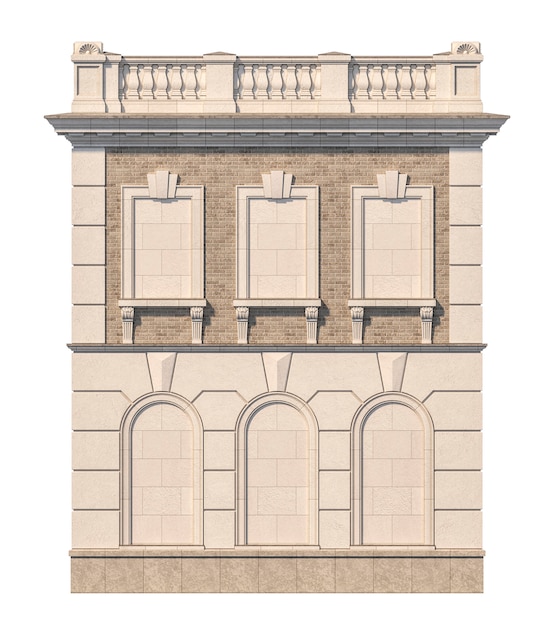 Foto fachada de una casa clásica de dos pisos con ventanas falsas. renderizado 3d