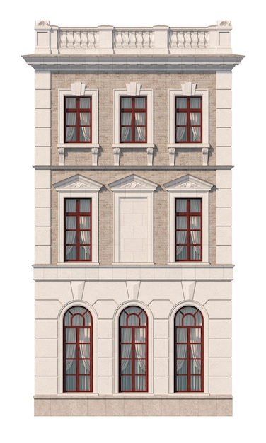 Foto fachada de una casa clásica de tres pisos con ventanas. renderizado 3d