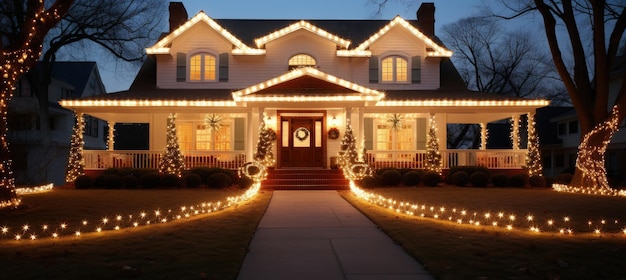La fachada de la casa decorada con decoración navideña y luces concepto navideño IA generativa