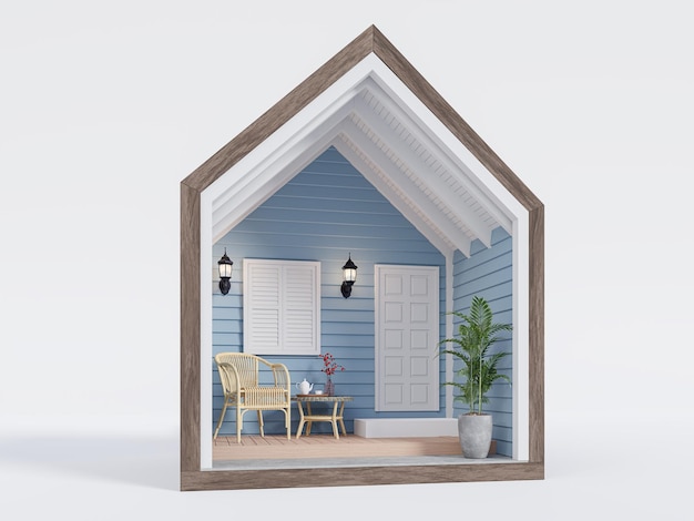 Fachada de casa pequeña con pared de tablones azules 3d renderizar decorar con silla de mimbre sobre fondo blanco