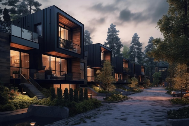 Fachada de casas adosadas con ventanas iluminadas al atardecer Casas residenciales modernas en barrio de lujo