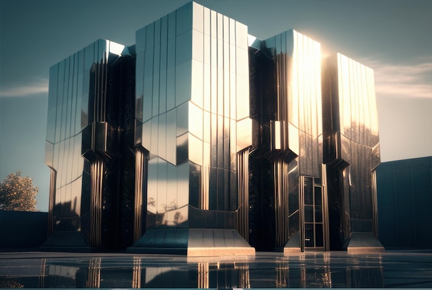 Fachada de um conceito de edifício moderno com painéis de vidro com linhas retas durante o dia