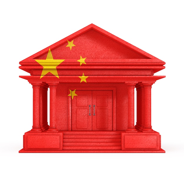Fachada del edificio del banco, tribunal o gobierno con la bandera de China sobre un fondo blanco Representación 3d