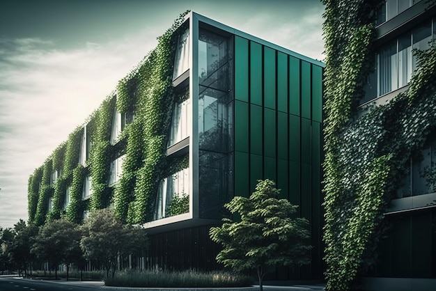 Fachada del edificio con hojas verdes.