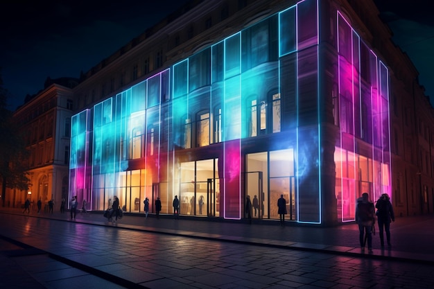 La fachada del edificio iluminada con un colorido espectáculo de proyección de luz