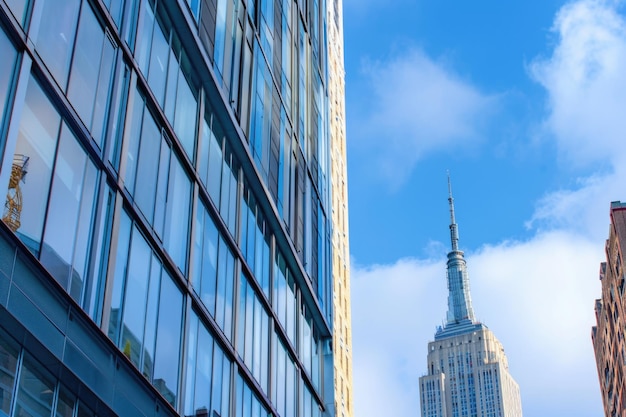 La fachada del edificio moderno y el Empire State Building en Manhattan