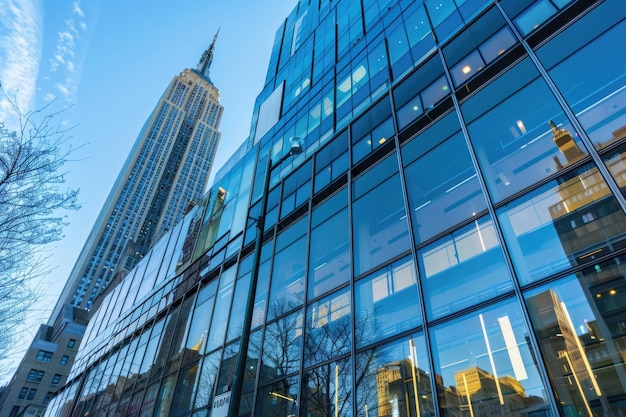 La fachada del edificio moderno y el Empire State Building en Manhattan