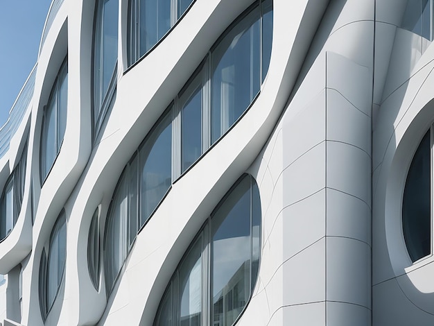 fachada de un edificio moderno con ventanas geométricas y paredes curvas