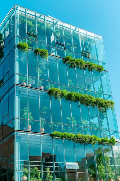 fachada de un edificio moderno con ventanas y plantas en los balcones ciudad ecológicamente sostenible