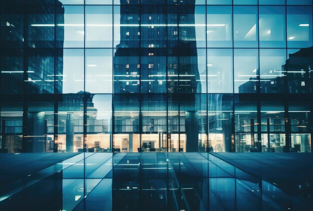 La fachada de un edificio de oficinas corporativo moderno por la noche