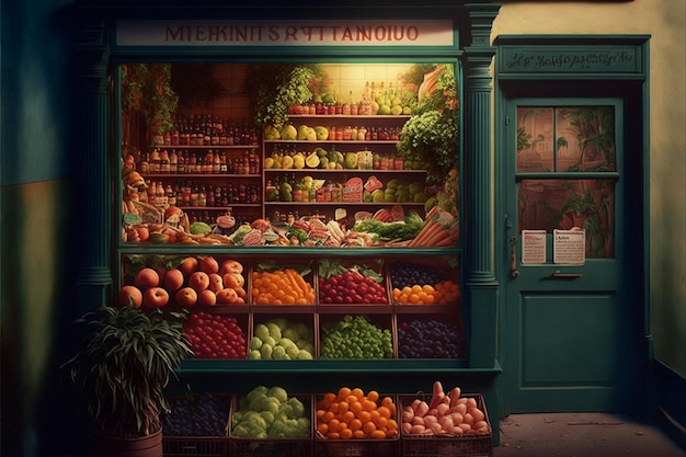 Fachada de edificio de tienda de frutas y verduras IA generativa