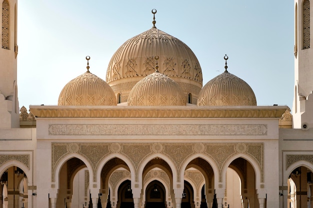 Fachada de la famosa Gran Mezquita Zabeel en Dubai contra un cielo azul en un día soleado