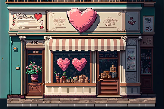 Fachada frontal da loja de pixel art com fundo de decoração do dia dos namorados em estilo retrô para jogo de 8 bits AI