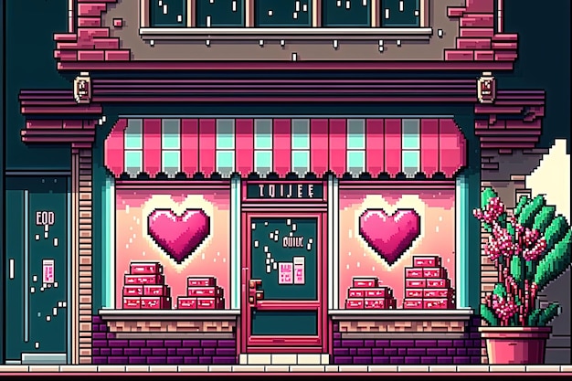 Fachada frontal da loja de pixel art com fundo de decoração do dia dos namorados em estilo retrô para jogo de 8 bits AI