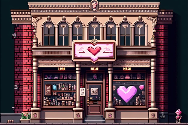 Fachada frontal de la tienda de arte de píxeles con fondo de decoración de San Valentín en estilo retro para el juego AI de 8 bits