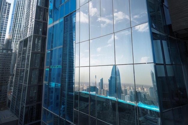 La fachada futurista del rascacielos refleja el paisaje urbano azul en la ventana de cristal moderna