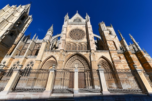 Foto la fachada gótica principal de la catedral de león por la noche en españa