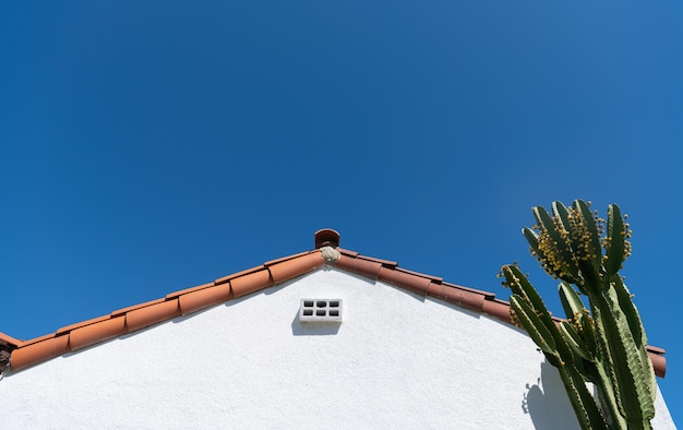 Fachada lateral de casa con techo y cactus. edificio residencial con nadie, concepto de arquitectura. techo de la vivienda sobre fondo de cielo azul.