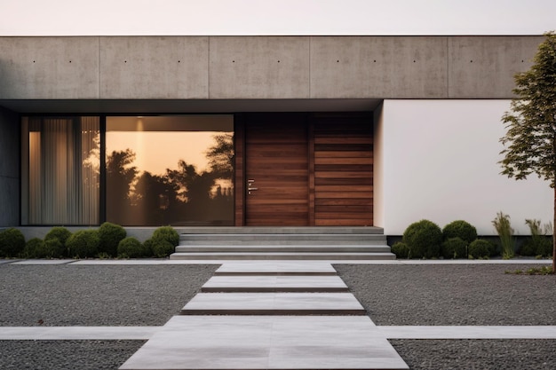 Foto fachada minimalista de una casa unifamiliar calma y tranquilidad ilustración generativa de ia