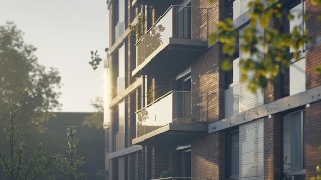 Foto la fachada moderna del apartamento empapada en la suave luz del amanecer evoca un nuevo comienzo en la vida urbana