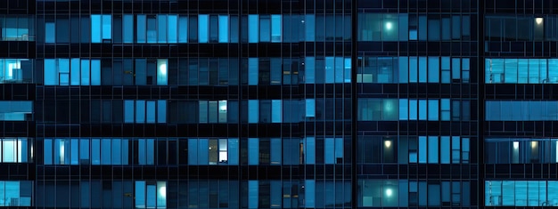 Foto fachada de rascacielos sin costuras con ventanas teñidas de azul y persianas por la noche textura de fondo de edificios de oficinas modernas abstractas con luces brillantes contra paredes exteriores negras oscuras