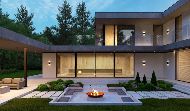 Fachada única com iluminação noturna. Visualização 3D de uma casa moderna. Casa com doo interior