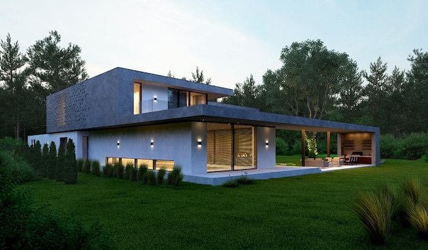 Fachada única con iluminación nocturna. Visualización 3D de una casa moderna. Casa con doo interior