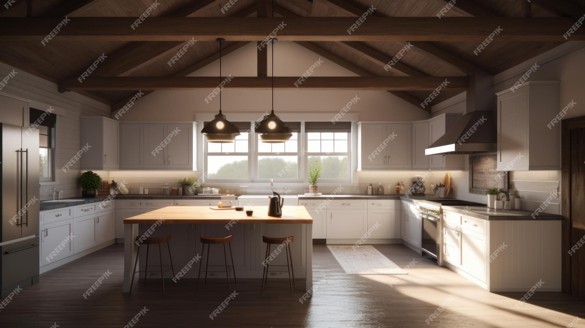 Fachadas brancas da cozinha moderna e espaçosa da casa de campo e