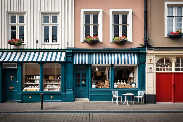 fachadas de arquitetura escandinava típica e vitrines de boutiques