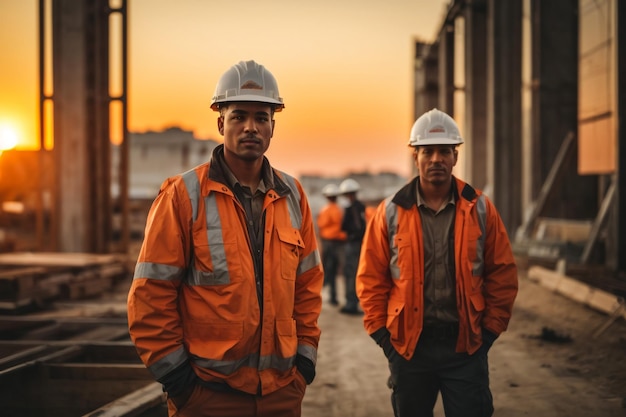 Facharbeiter bei einer kurzen Besprechung in der Fabrik Industrielle und verarbeitende Arbeitskräfte c