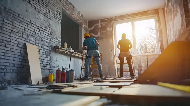 Foto fachmannschaft, die umbaumaßnahmen in einem gebäude durchführt, um das alte büro in ein neues design umzuwandeln