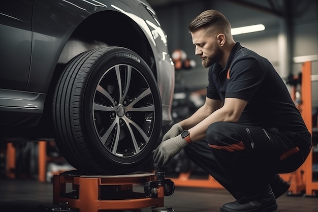 Fachtechniker wechselt Reifen Reifen eines angehobenen Autos in der Autoreservie trägt Uniform co