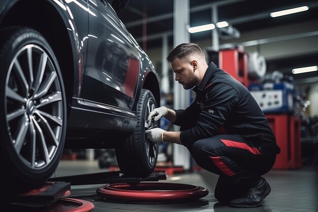 Foto fachtechniker wechselt reifen reifen eines angehobenen autos in der autoreservie trägt uniform co