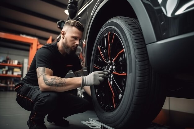 Foto fachtechniker wechselt reifen reifen eines angehobenen autos in der autoreservie trägt uniform co