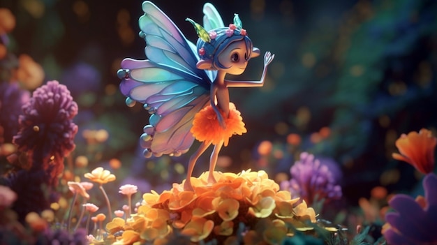 Fada dança em flor vestido longo de seda voa em movimento de vento asas de borboleta mágica AI Generative