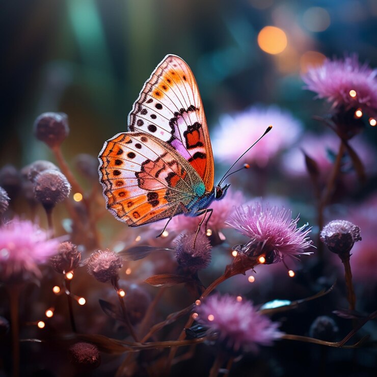 Foto fada do bosque com asas estilo borboleta com paisagem e flores ao redor e borboletas