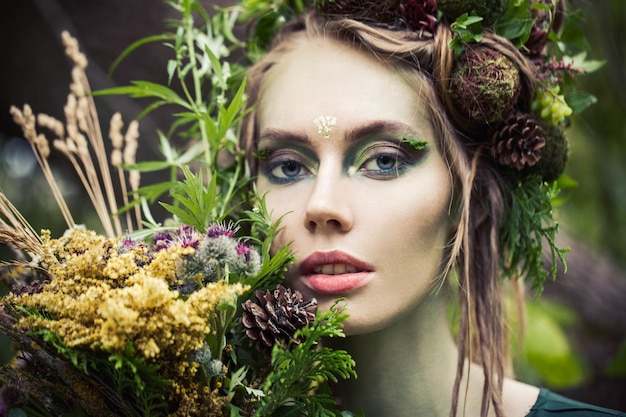 Fada ninfa mulher com flores ao ar livre personagem de Halloween ou alma da floresta