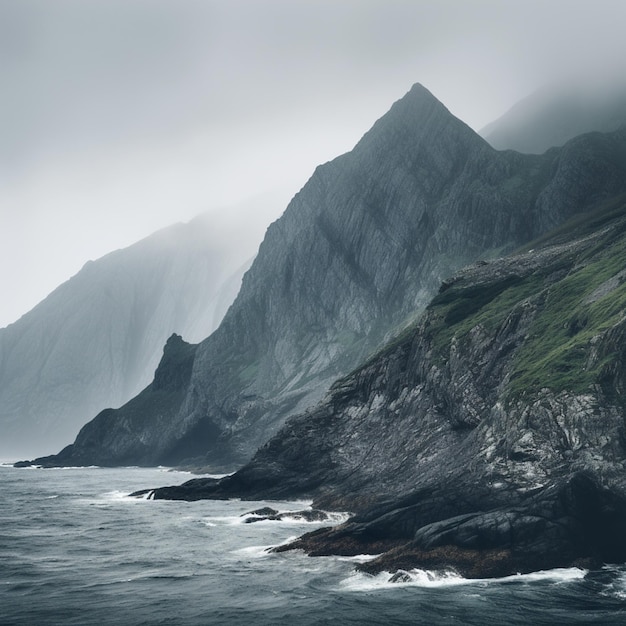 Fängt die fesselnde Schönheit einer bewölkten Landschaft ein, in der ein Nebelschleier die Landschaft sanft verhüllt