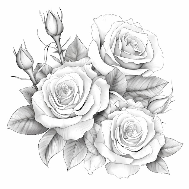 Färbung mit Tinte und Rosen Farbseite mit Rose-Illustrationen ohne Schattierung