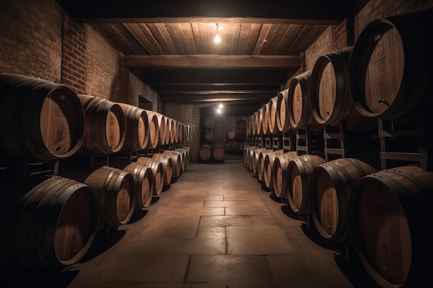 Fässer in einem Keller mit dem Wort Wein auf der Unterseite