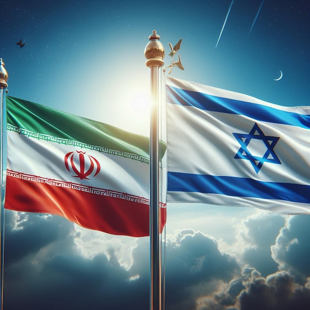 Foto fahnen des iran und israels schwenken auf dem fahnenmast