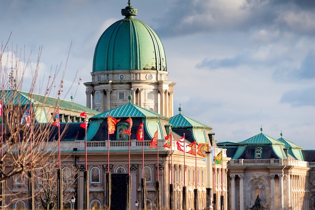 Fahnenmasten mit heraldischen Fahnen im Königspalast. Budapest, Ungarn