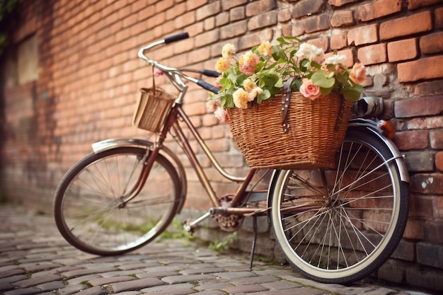 Fahrbereit. Nahaufnahme eines Fahrrads mit Blumen im Korb, das vor der generativen KI steht