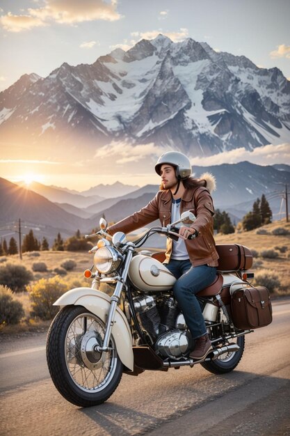 Fahren Sie auf einem Vintage-Motorrad in den Sonnenuntergang mit den majestätischen Bergen als Hintergrund