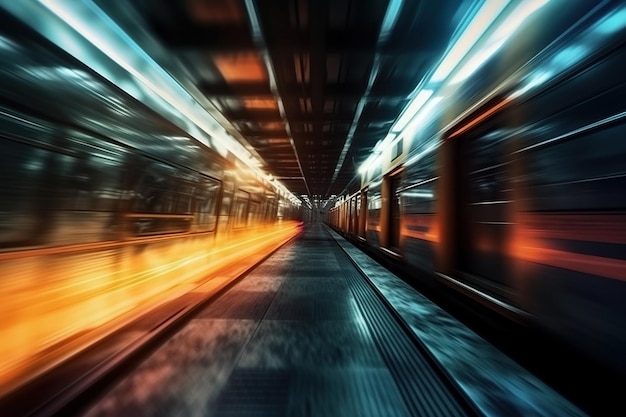 Fahren Sie mit der U-Bahn durch die dunklen und engen Tunnel, wobei Geschwindigkeit und Bewegungsunschärfe die Fahrt noch aufregender machen. Generative KI