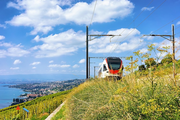 Fahrender Zug im Lavaux Weinbergterrassen Wanderweg am Genfer See und Schweizer Berge, Lavaux-Oron District, Schweiz