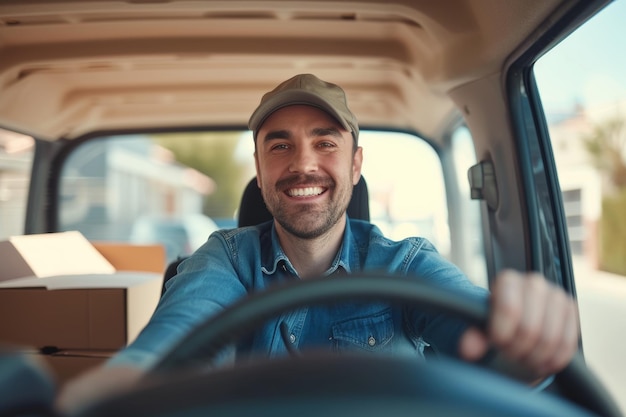 Foto fahrer fährt ein auto mit paketlieferungskonzept