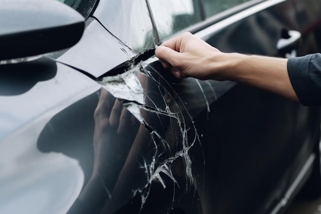 Fahrerhand untersucht verbeultes Auto mit beschädigtem Kotflügel, das am Stadtstraßenrand geparkt ist. Verkehrssicherheit